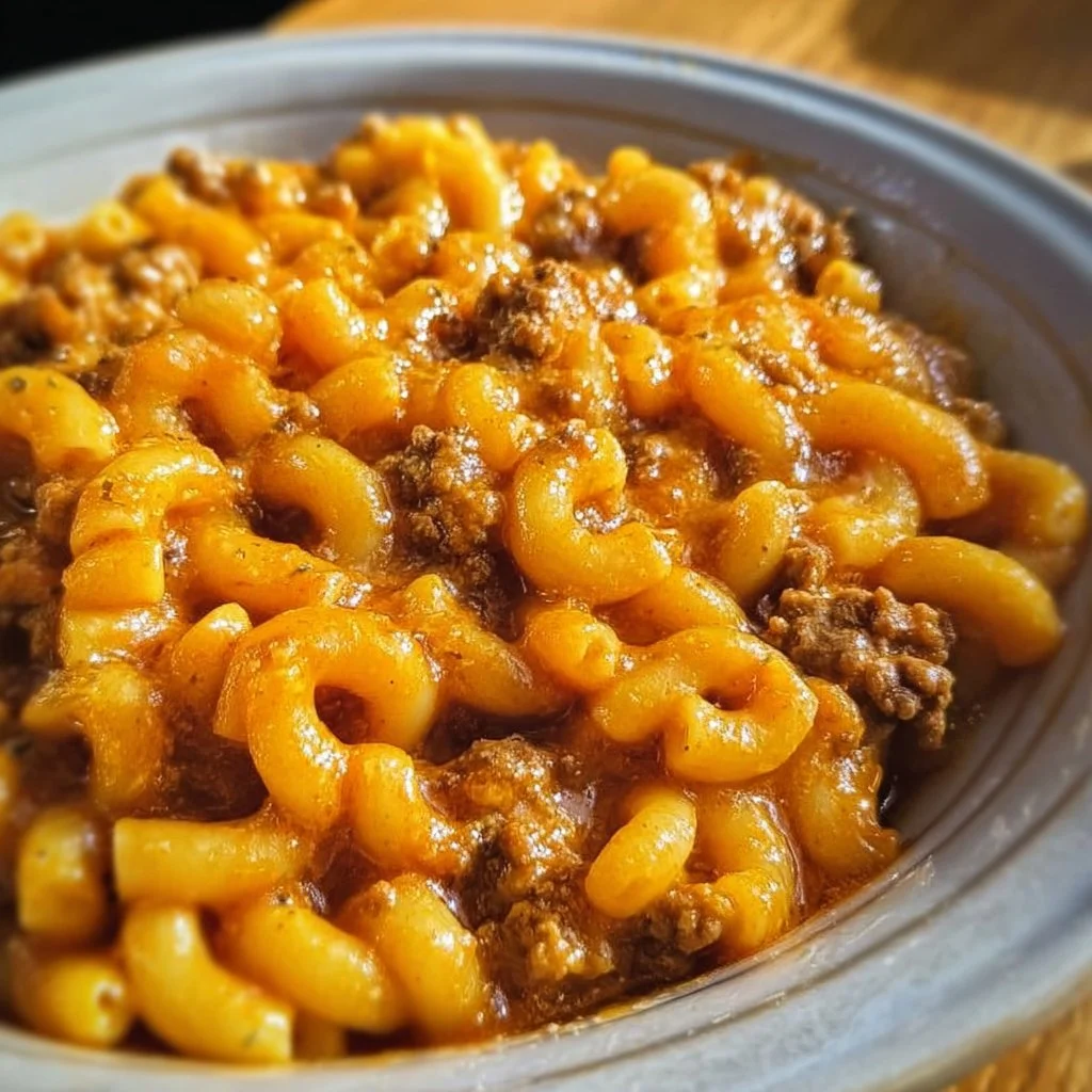 Bowl of Gluten Free Hamburger Helper with vegetables and ground beef