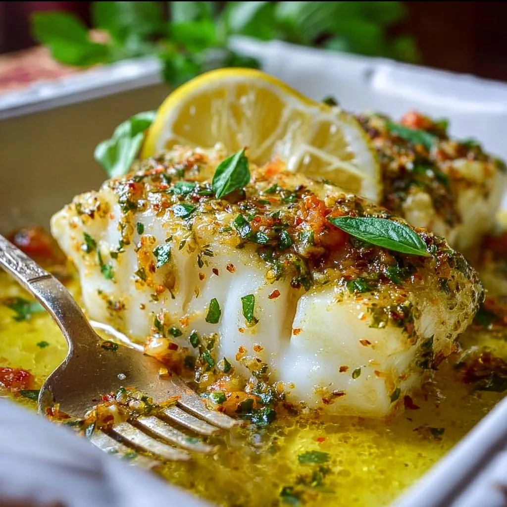 Gluten-Free Mediterranean Baked Cod with Lemon and Garlic served on a plate