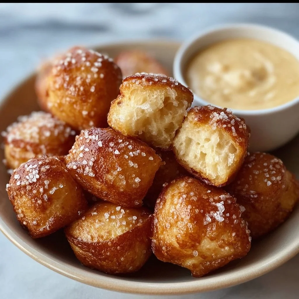 Bowl of gluten-free soft pretzel bites served with mustard dip