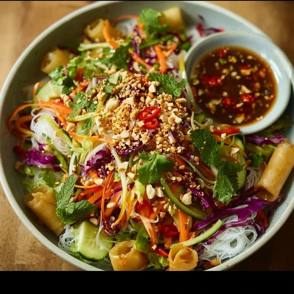 Gluten-free spring roll salad bowl filled with fresh vegetables and herbs.