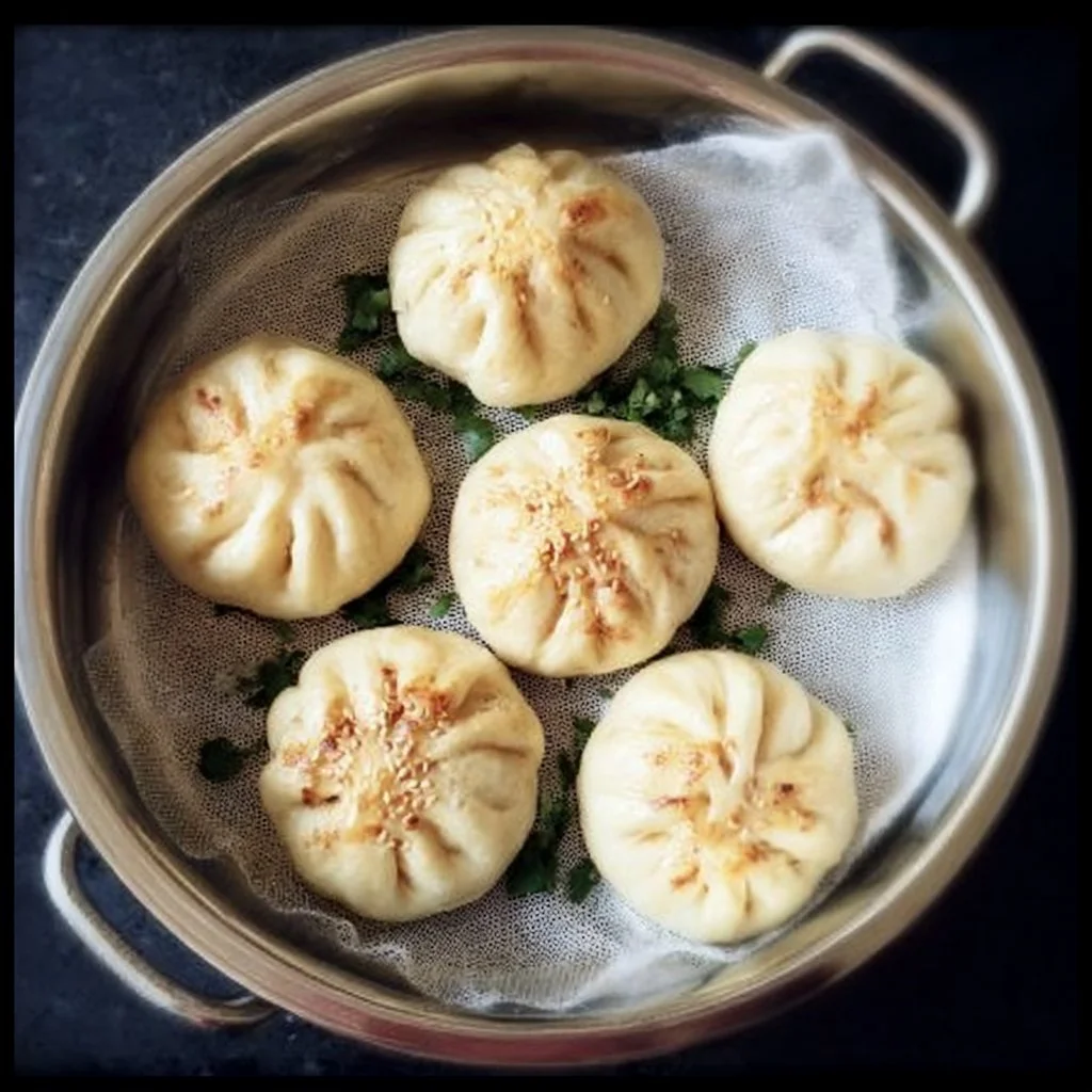 Gluten-free steamed Chinese meat buns with flavorful filling on a bamboo steamer.