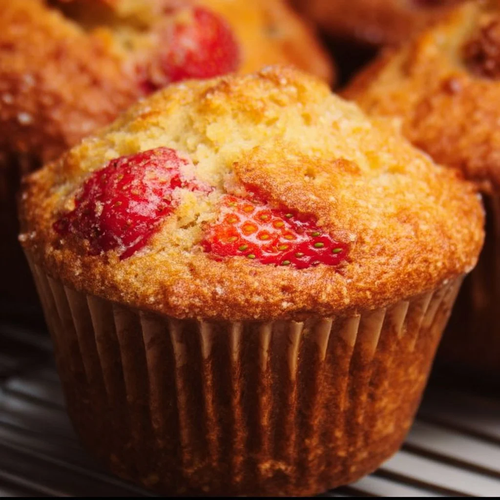 Freshly baked gluten-free strawberry muffins with strawberries on a plate