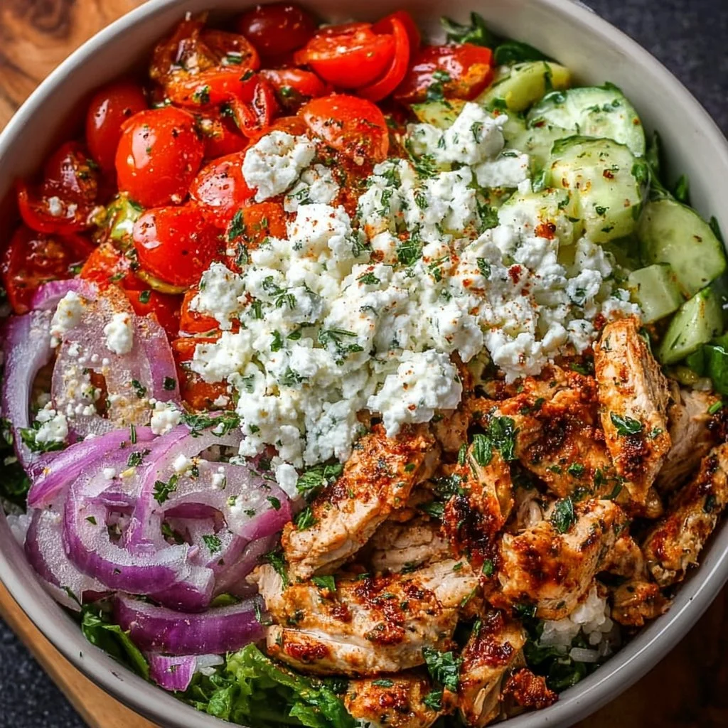 Delicious Greek Chicken Bowls with fresh vegetables and savory spices