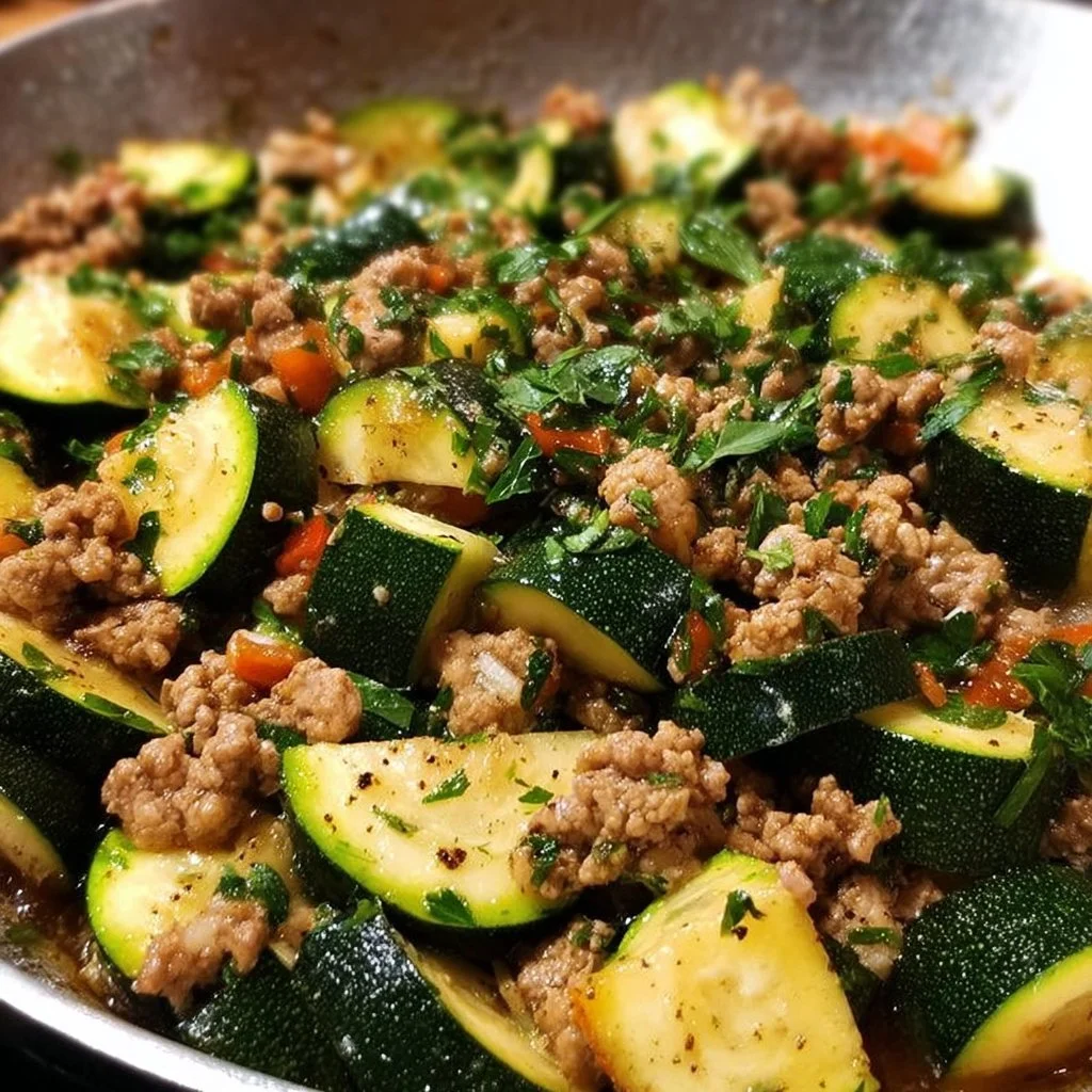 Ground Turkey and Zucchini Skillet in a frying pan