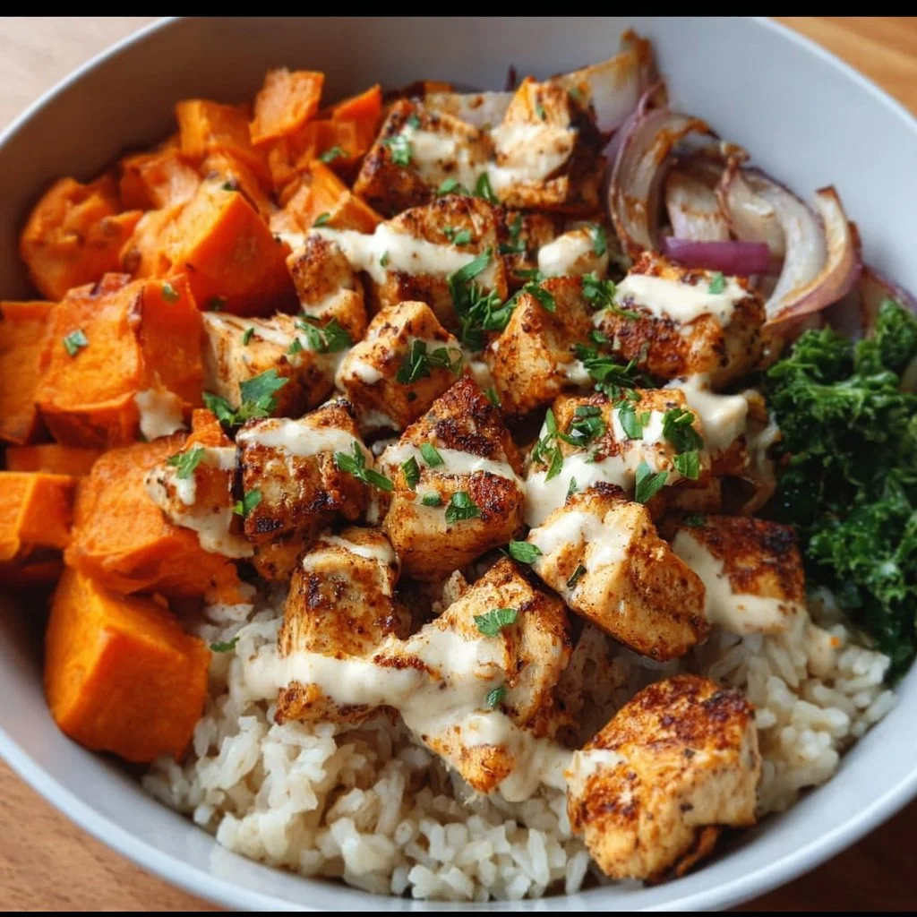 Healthy chicken and sweet potato rice bowl packed with veggies and flavor.
