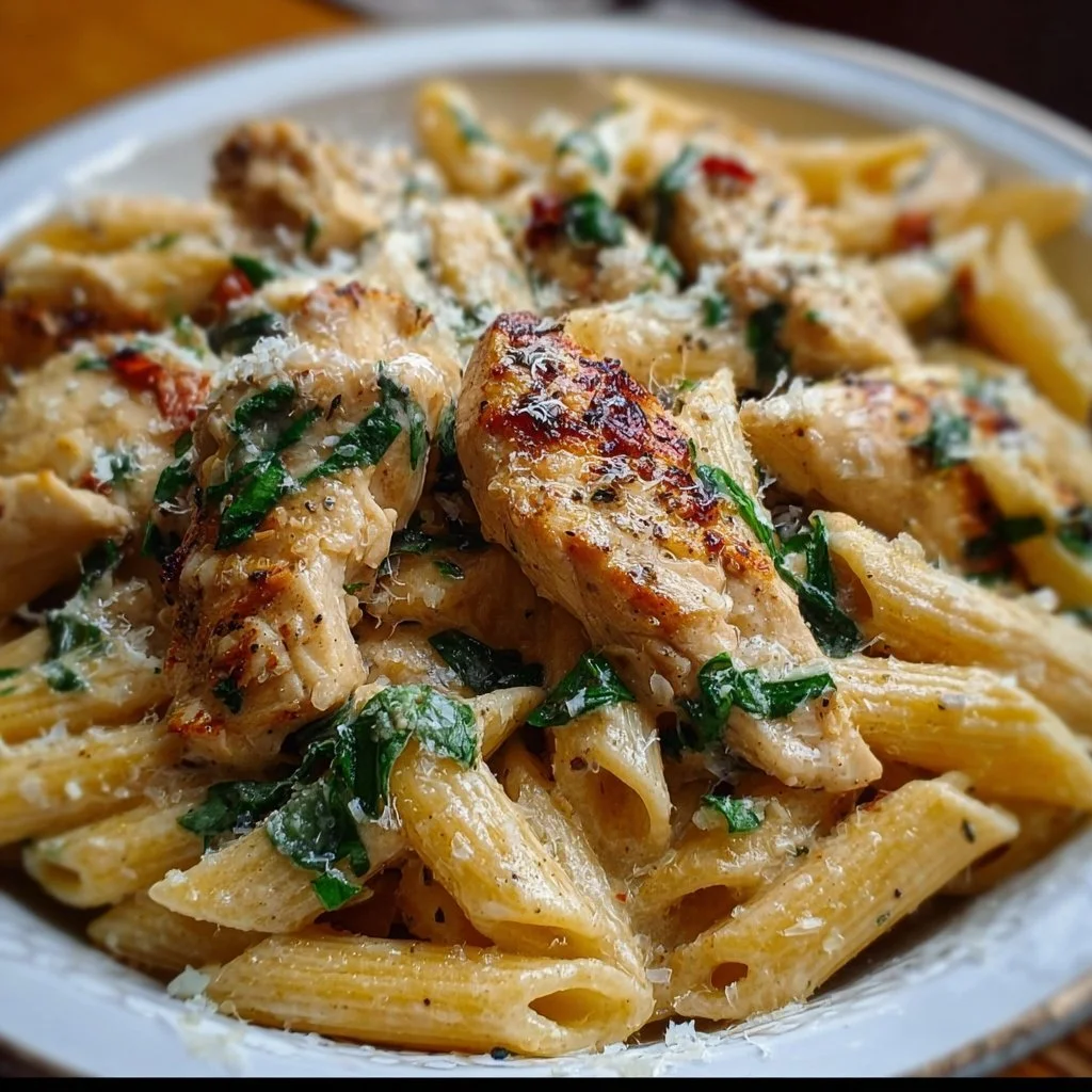 Healthy Garlic Parmesan Chicken Pasta 3 Healthy garlic parmesan chicken pasta served in a bowl with fresh herbs.