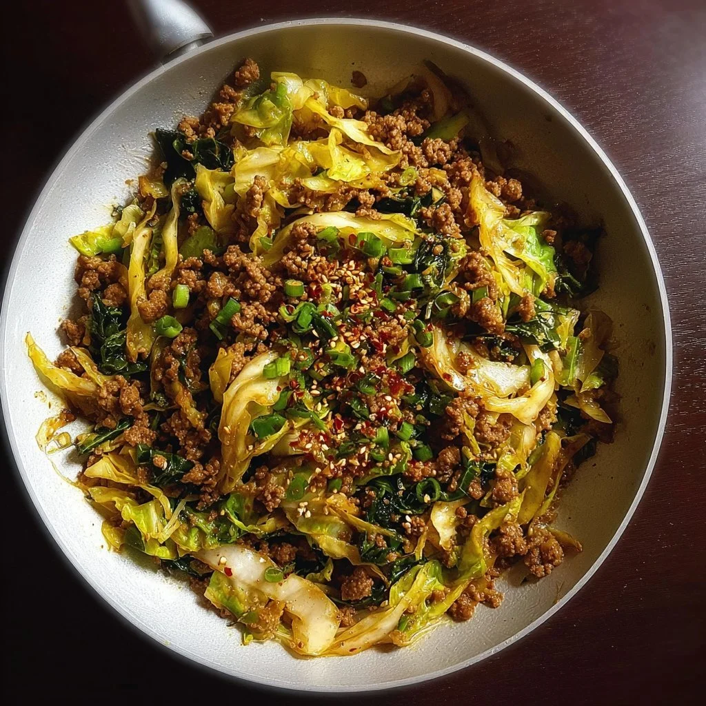 Healthy ground beef stir fry with cabbage and colorful vegetables
