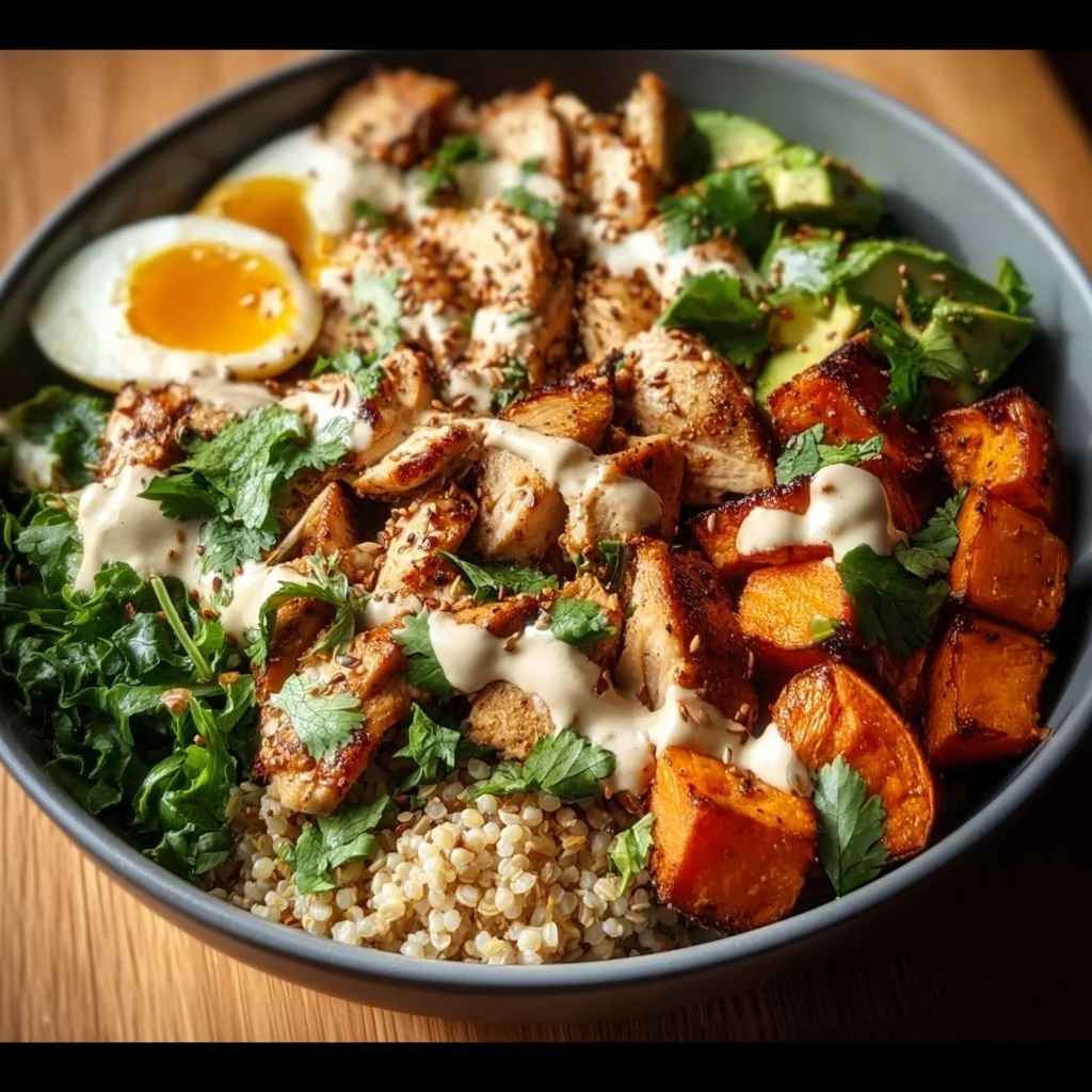 Colorful healthy high protein bowl with fresh vegetables, grains, and lean protein
