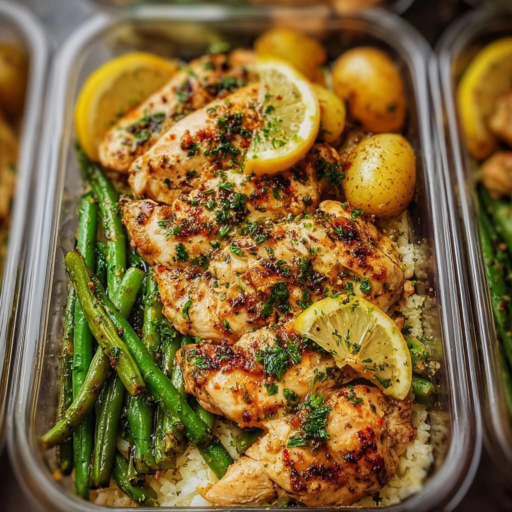 Healthy lemon garlic chicken meal prep bowls with fresh vegetables and grains.