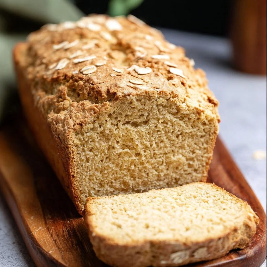 Freshly baked hearty gluten free oat bread loaf on a wooden board.