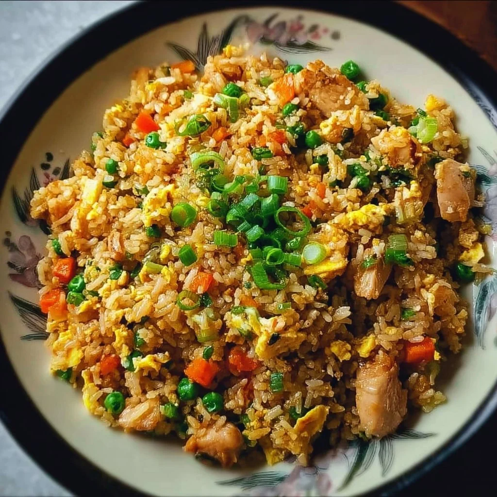 High Protein Chicken Fried Rice in a bowl garnished with vegetables