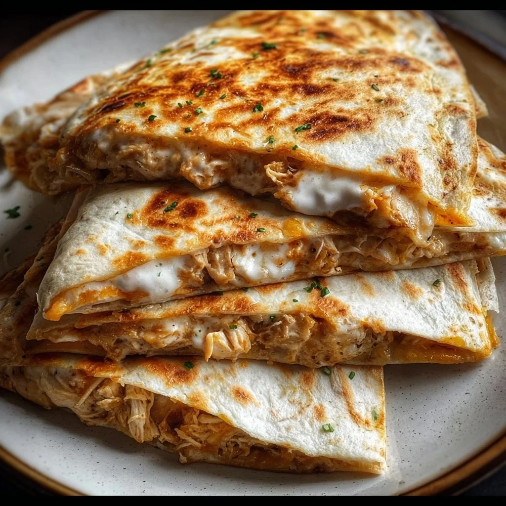 High-protein chicken ranch quesadilla with melted cheese and fresh ingredients