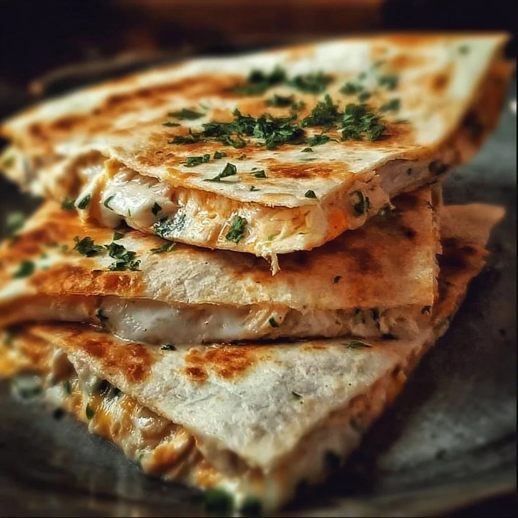 High-Protein Chicken Ranch Quesadilla 3 High-protein chicken ranch quesadilla with melted cheese and vibrant toppings