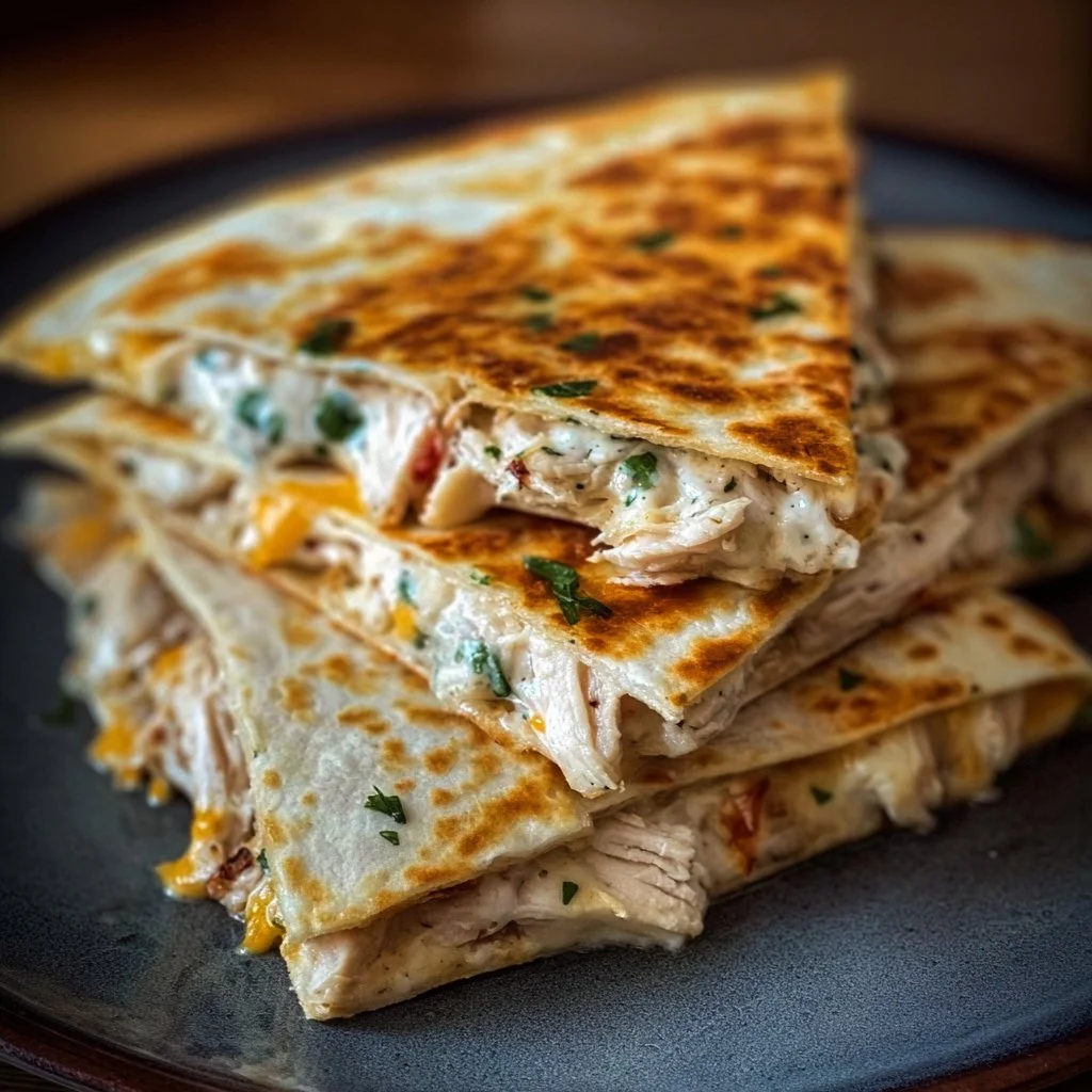 High-protein chicken ranch quesadilla served with fresh toppings