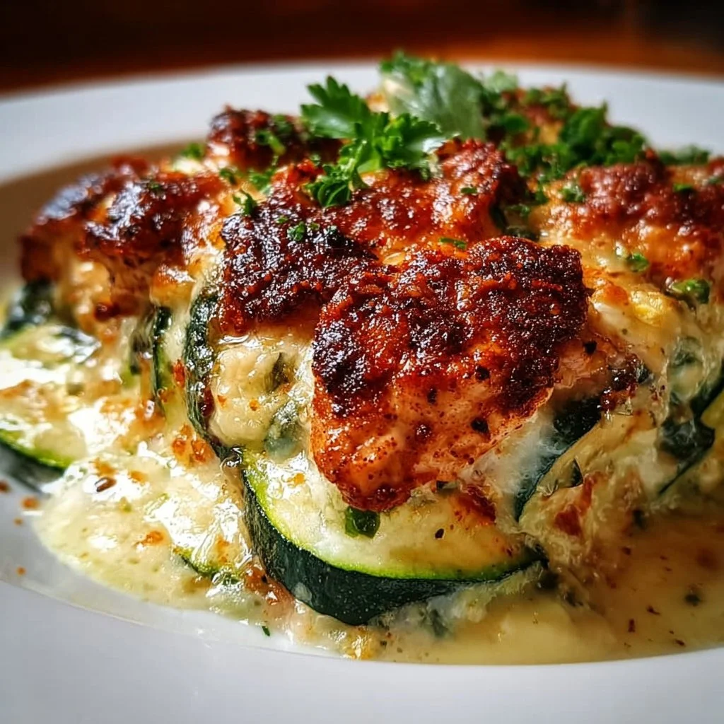 High Protein Chicken Zucchini Bake 3 High protein chicken zucchini bake served in a dish with fresh herbs on top.