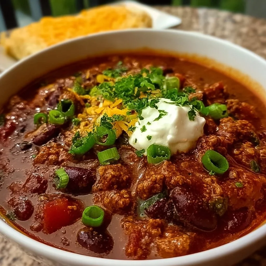 Bowl of high protein chili garnished with herbs and served with a spoon