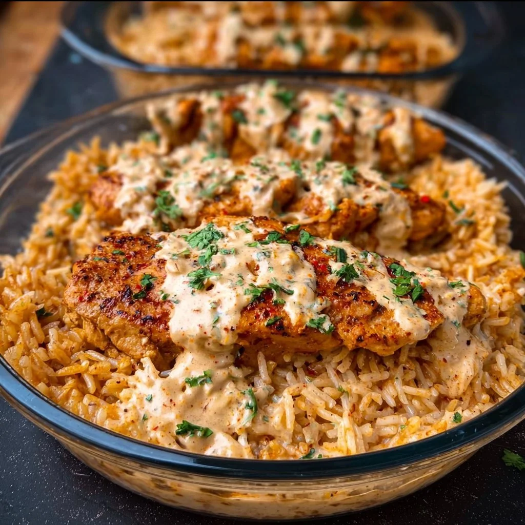 High Protein Creamy Cajun Chicken & Rice 3 Creamy Cajun chicken served on rice, garnished with green onions.