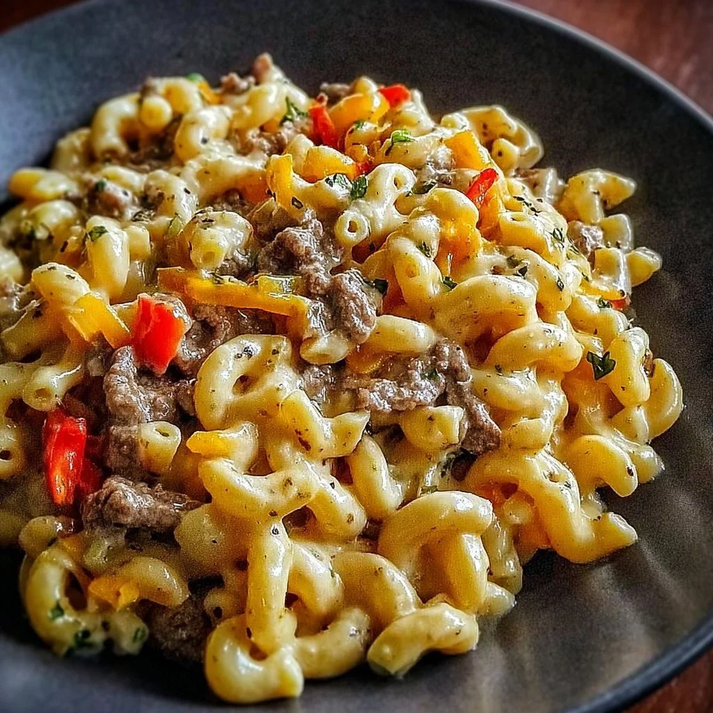 High-protein creamy Philly cheesesteak mac and cheese served in a bowl