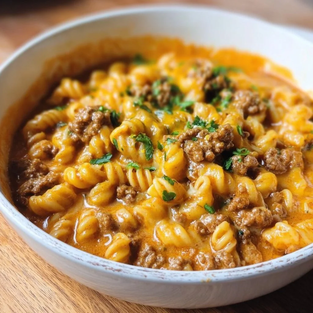 High Protein Hamburger Helper served in a bowl with fresh ingredients