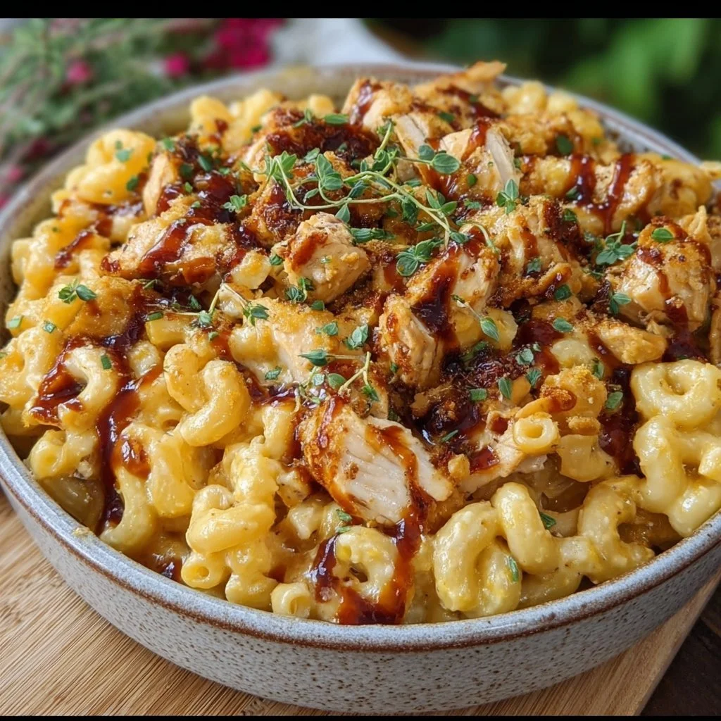 High-protein honey BBQ chicken mac & cheese plated on a rustic wooden table