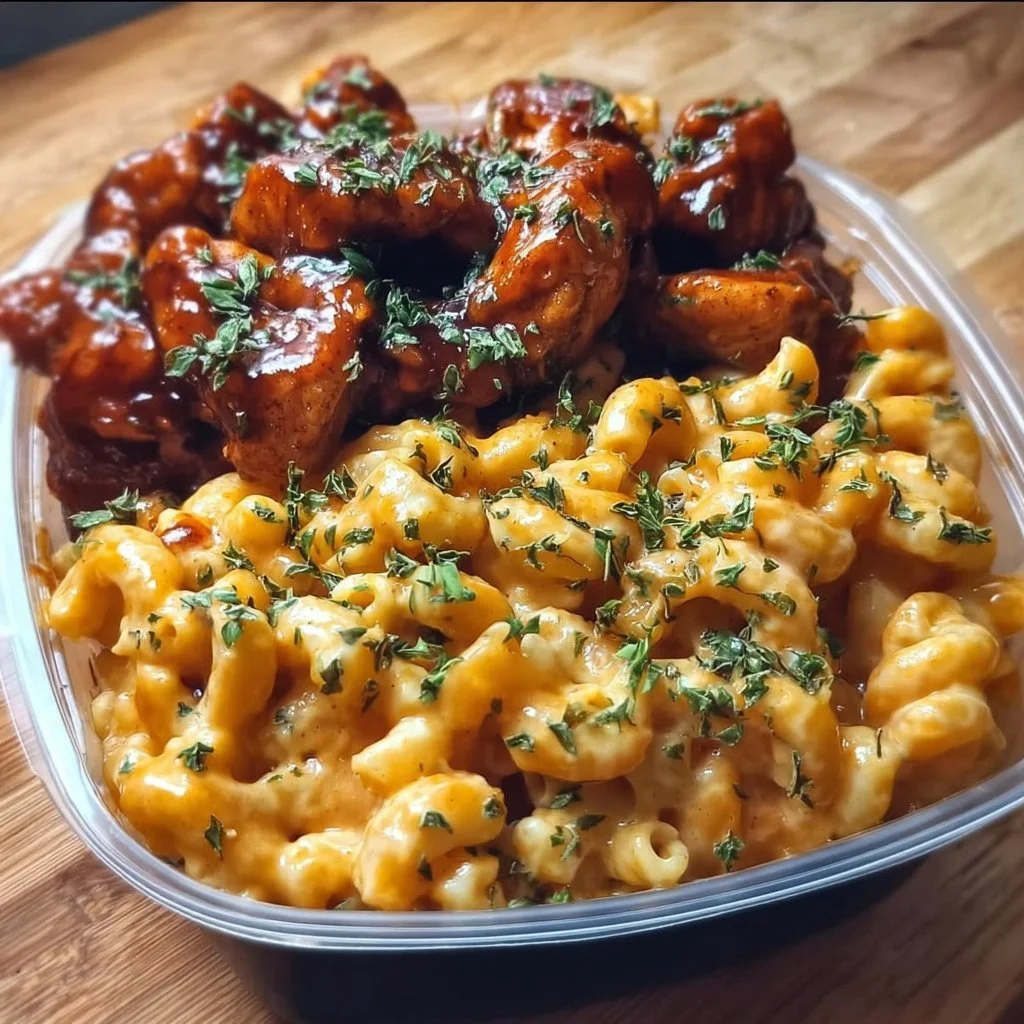 High protein honey BBQ chicken mac and cheese meal prep dish