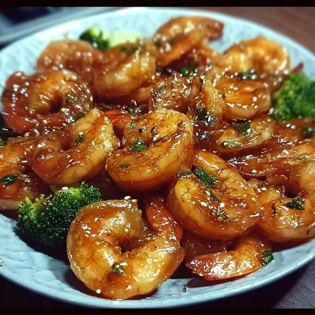 Plate of high-protein honey garlic shrimp served with vegetables