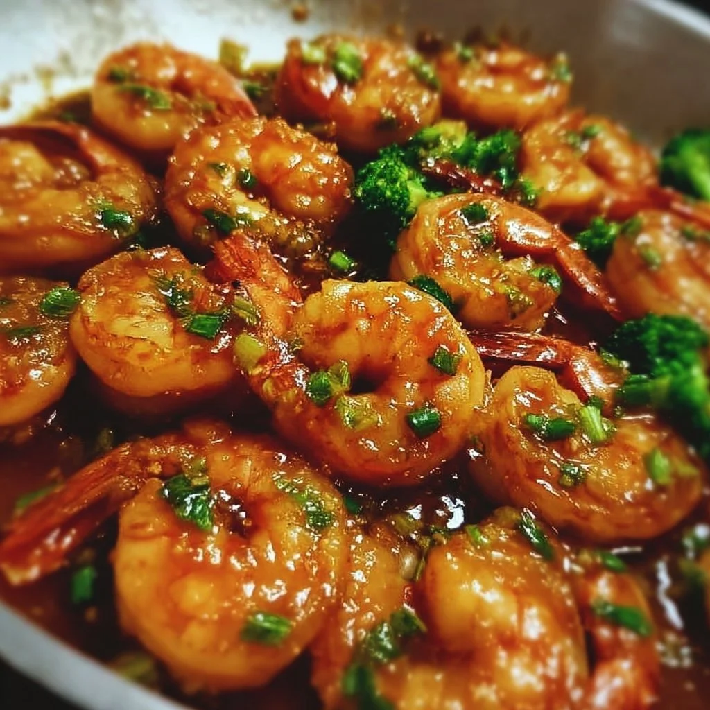 High-protein honey garlic shrimp dish garnished with green onions