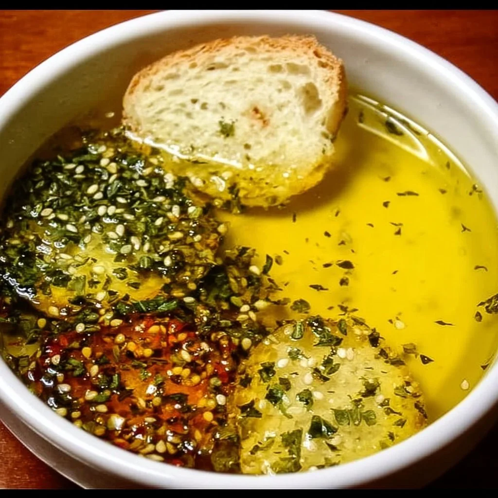 Homemade Italian bread dipping sauce with herbs and olive oil in a bowl.