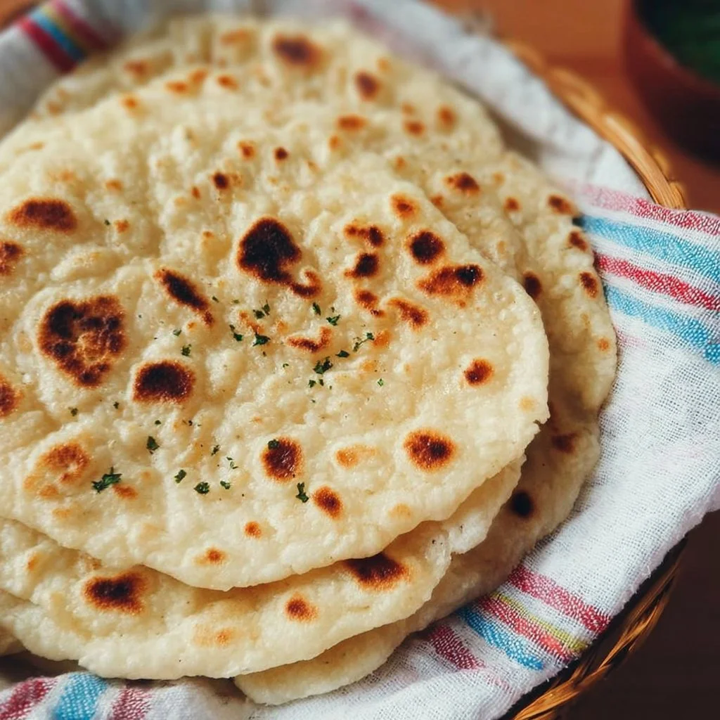 Homemade unleavened Turkish flatbread served on a wooden board