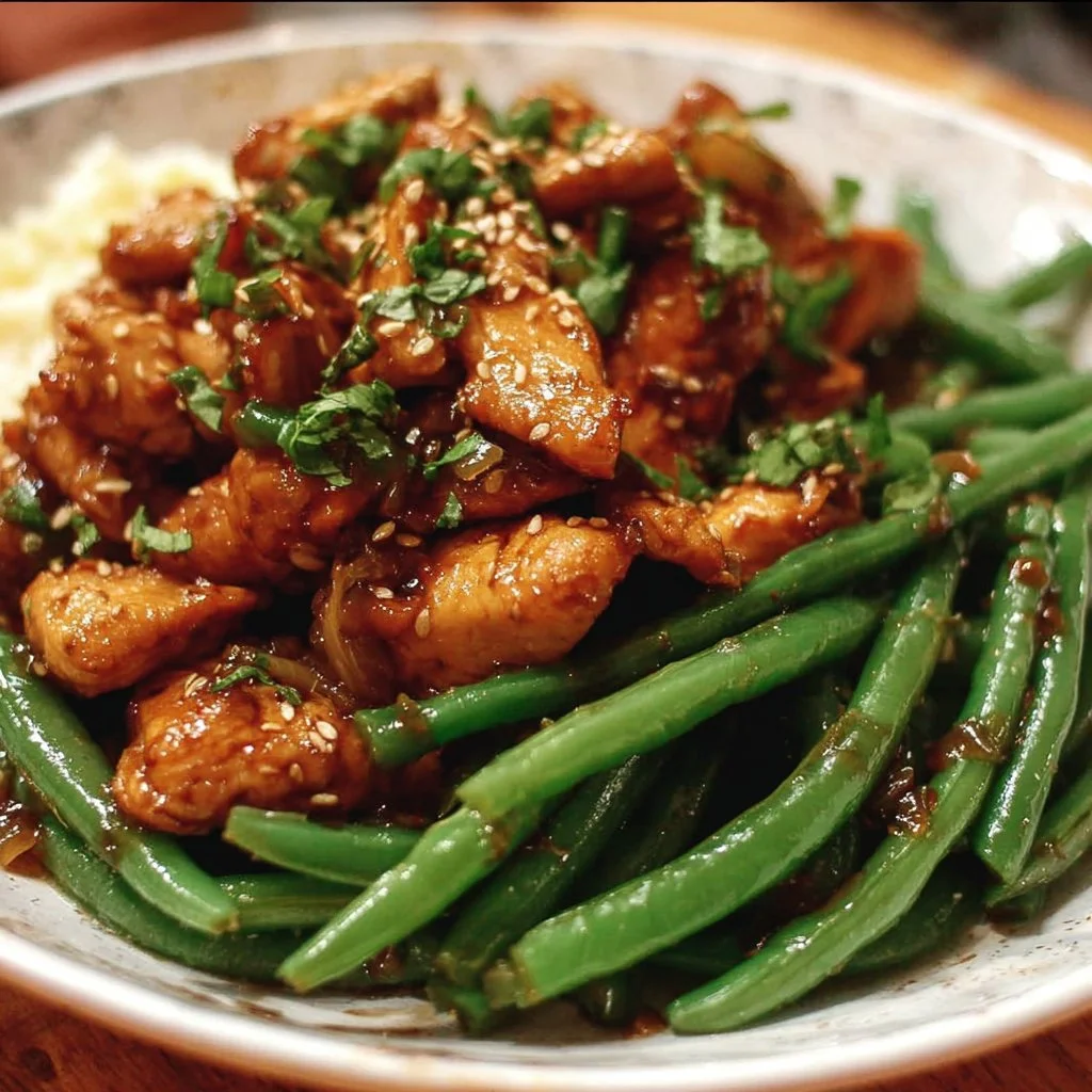 Plate of honey garlic chicken served with green beans