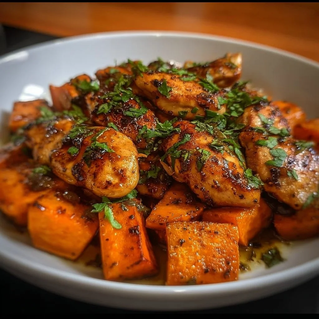 Delicious Honey Garlic Chicken served with roasted sweet potatoes