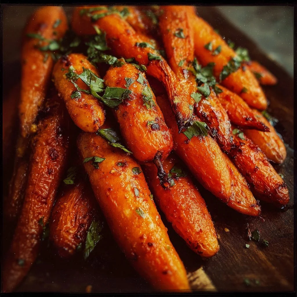 Honey Harissa Carrots dish garnished with fresh herbs.