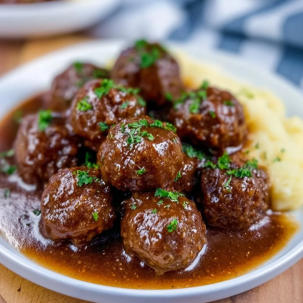 Slow cooker Salisbury steak meatballs recipe with rich gravy and tender beef.