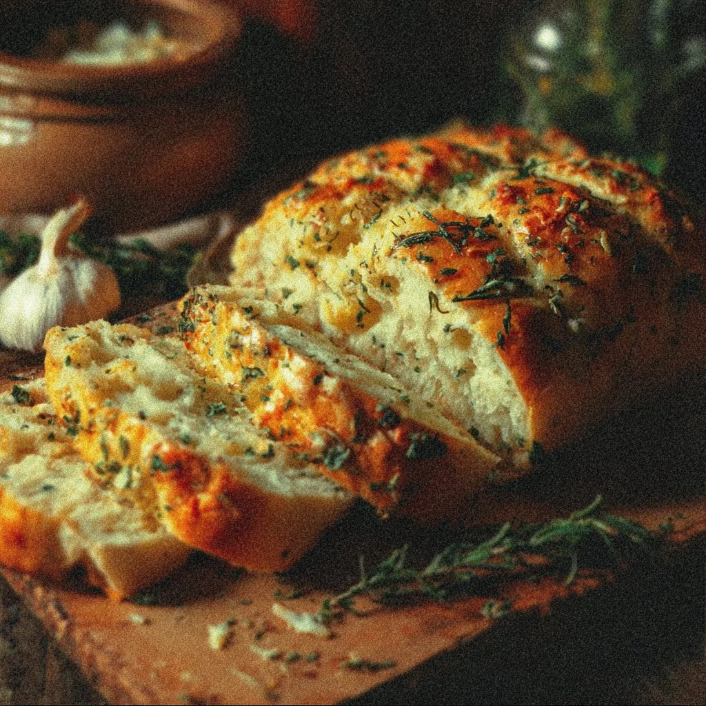 Italian Herbs and Cheese Bread loaf with fresh herbs and melted cheese
