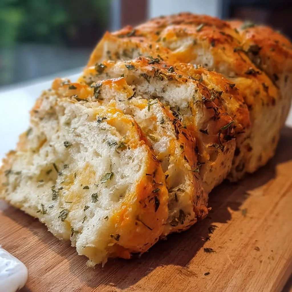 Freshly baked Italian herbs and cheese bread sliced for serving