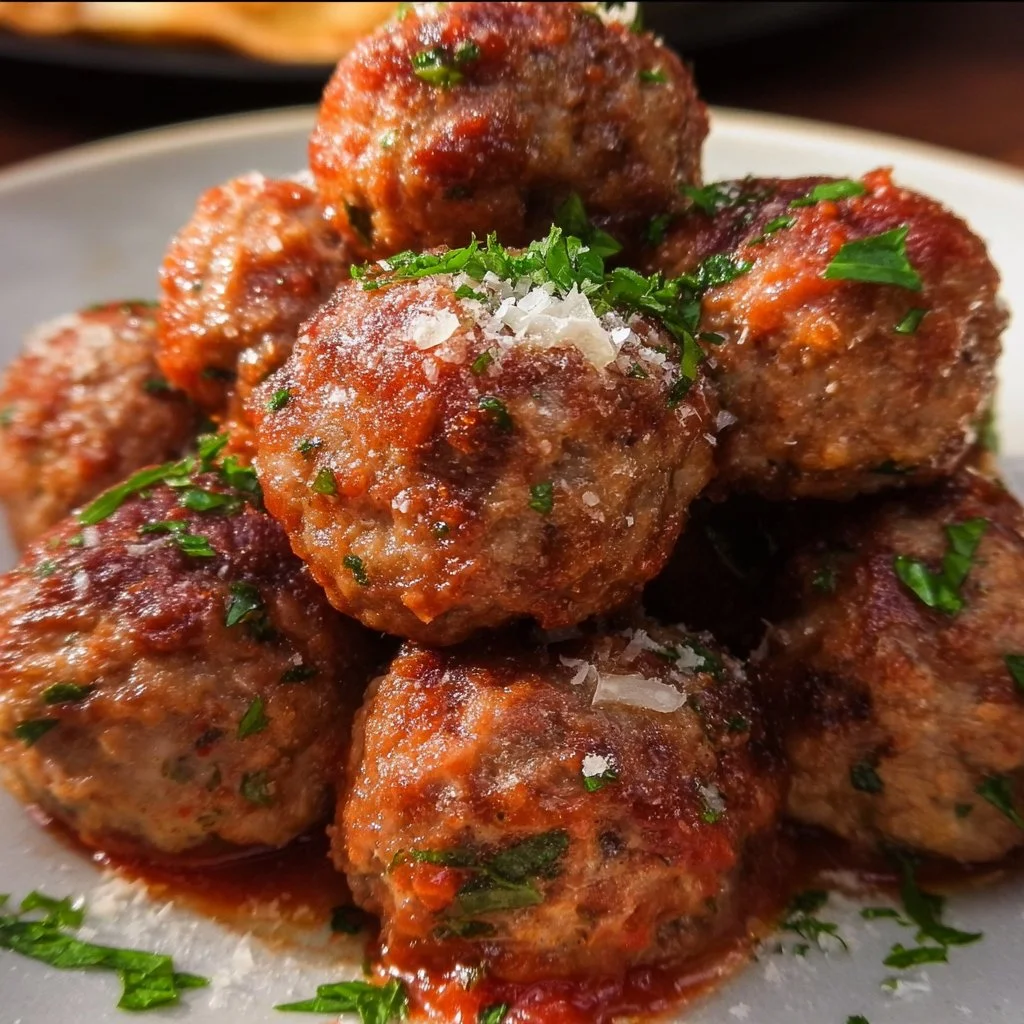 Delicious Italian meatballs served in marinara sauce with fresh herbs