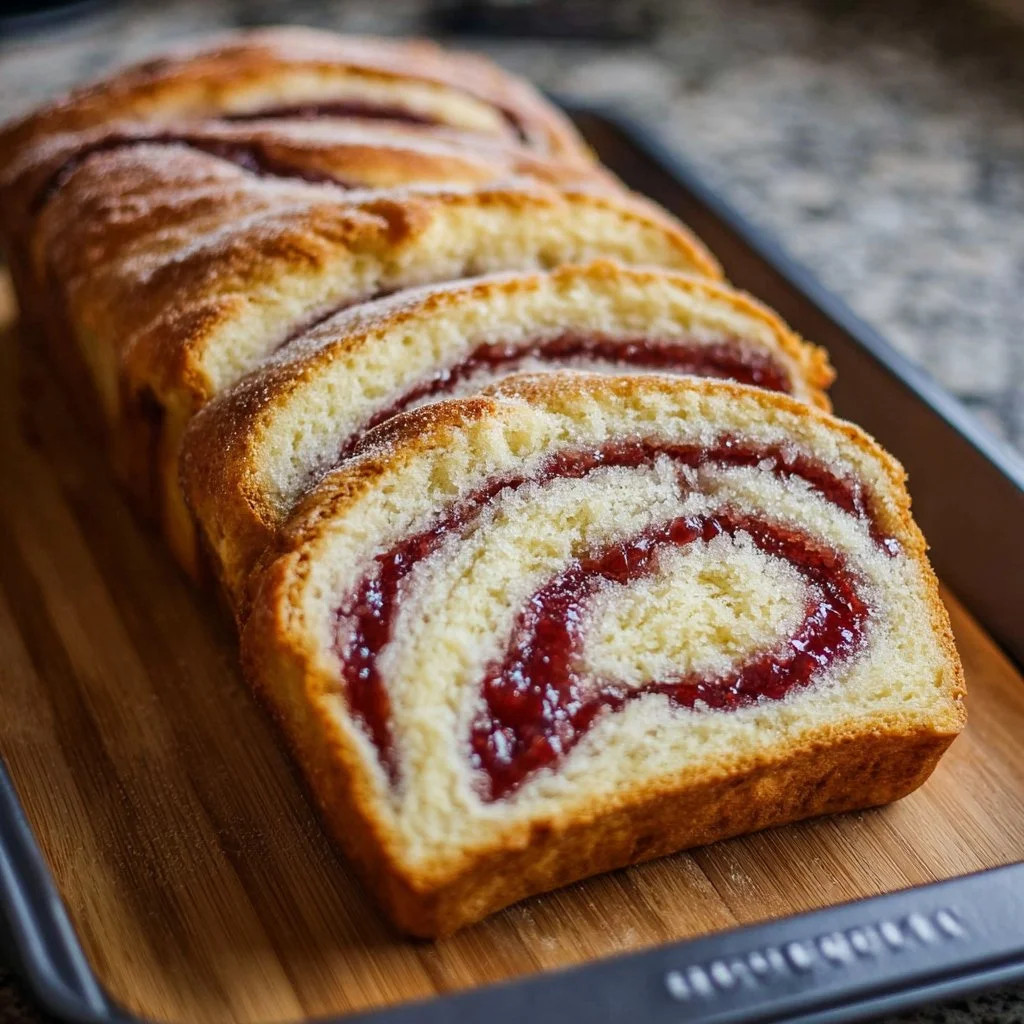 Loaf of jam swirl gluten-free bread, fresh and baked to perfection.