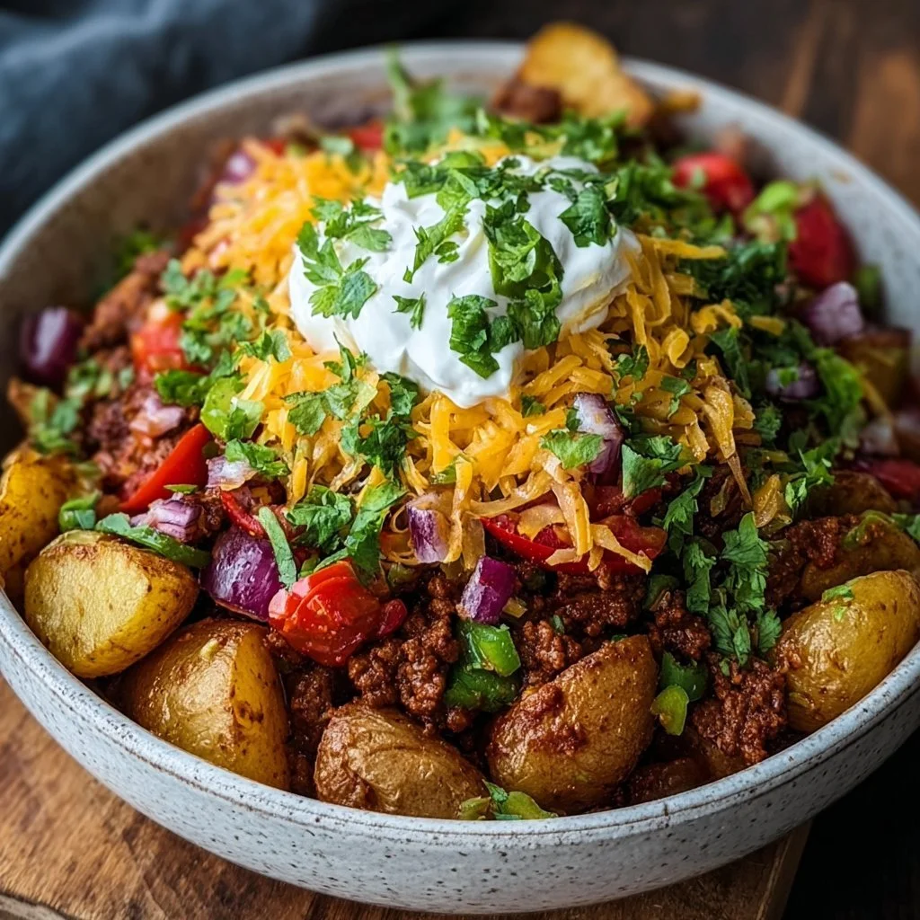 Loaded Potato Taco Bowl 3 A delicious Loaded Potato Taco Bowl topped with fresh ingredients and vibrant colors.