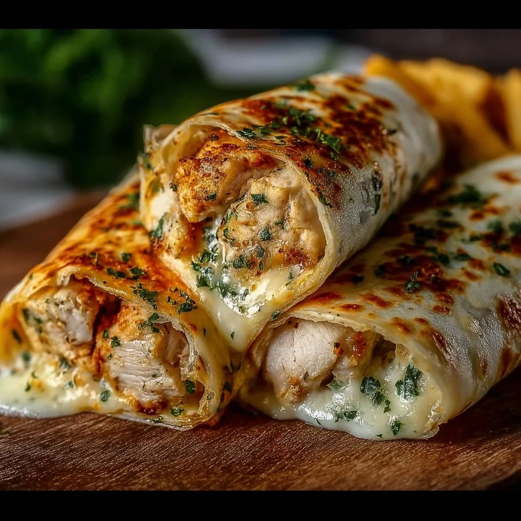 Low carb cheesy garlic chicken wraps topped with melted cheese and garlic.