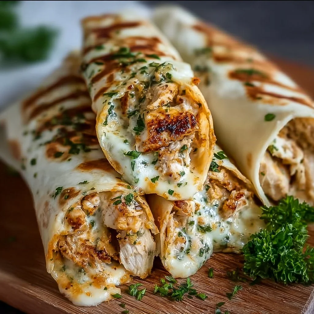 Low carb cheesy garlic chicken wraps filled with melted cheese and garlic flavor