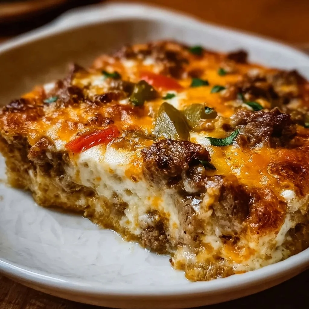 Low Carb Philly Cheesesteak Casserole 3 Low Carb Philly Cheesesteak Casserole served in a baking dish