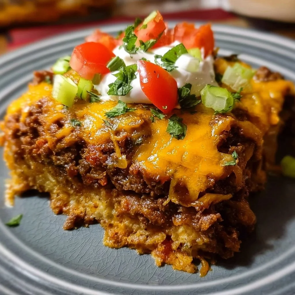 Low carb taco casserole topped with cheese and served in a baking dish.