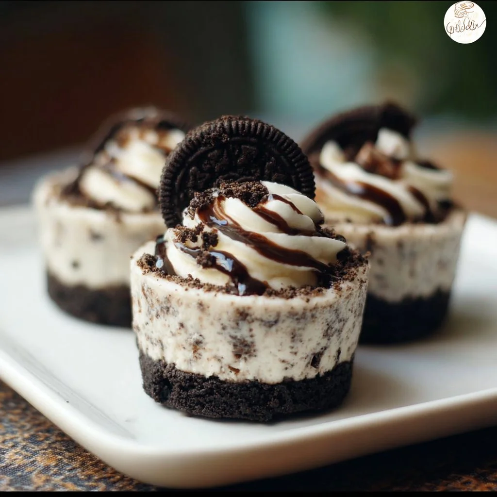 Mini Oreo Cheesecakes (Gluten-free + Dairy-free) 3 Gluten-free and dairy-free mini Oreo cheesecakes served on a plate