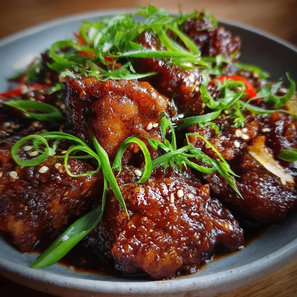 Delicious plate of Mongolian Chicken Thighs garnished with green onions