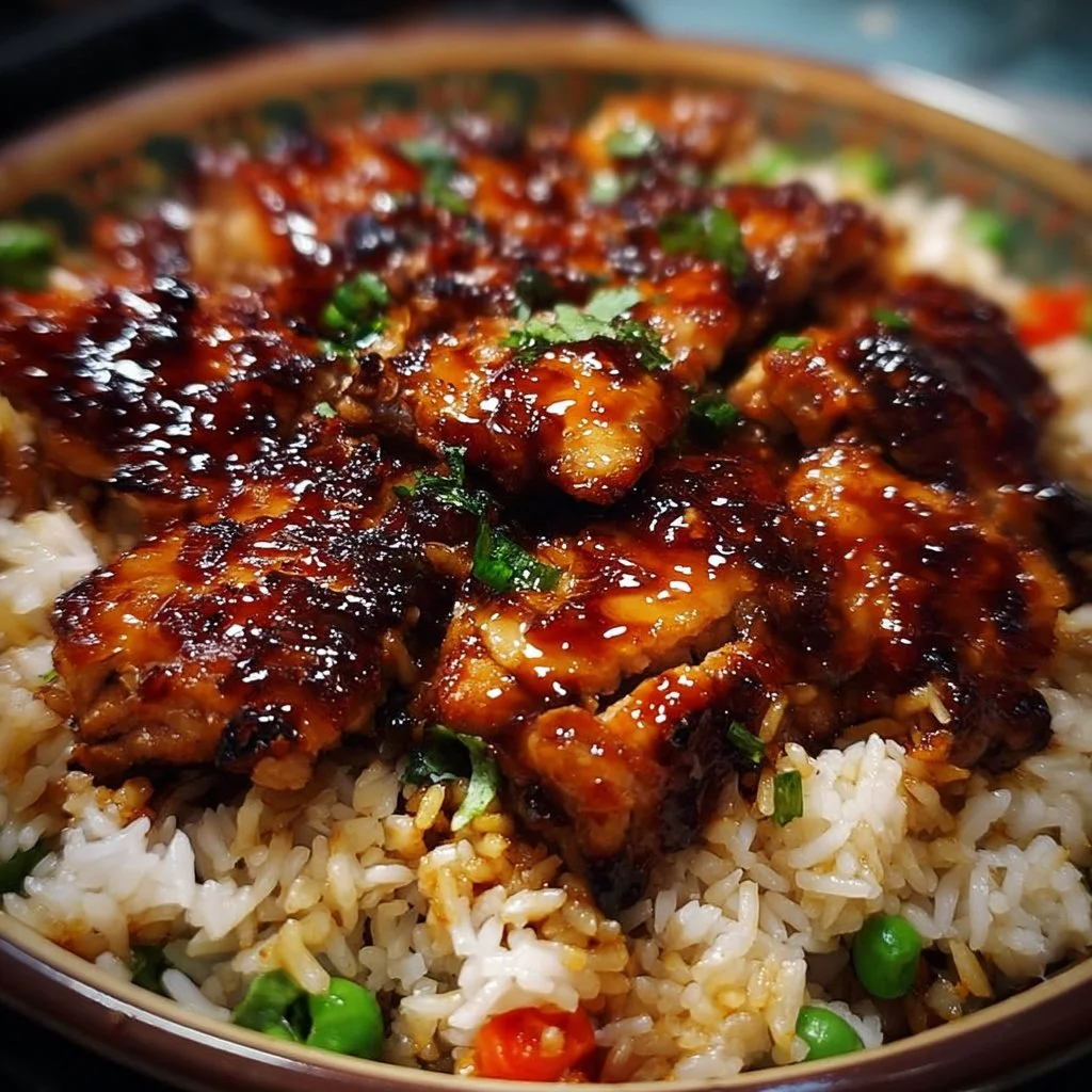 One-Pan Bold Honey BBQ Chicken Rice 3 One-pan honey BBQ chicken rice served in a vibrant dish