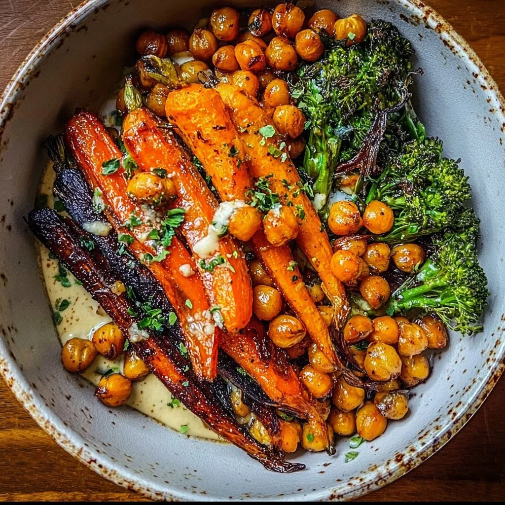 One-Pan Roasted Carrot and Chickpea Bowl with fresh herbs