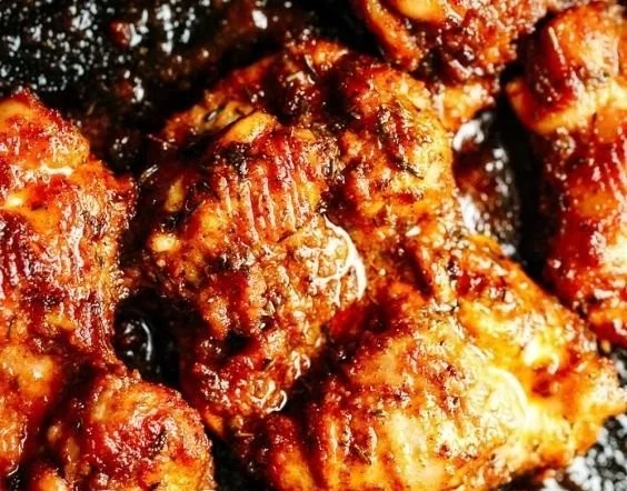 Oven baked boneless skinless chicken thighs served with herbs and spices