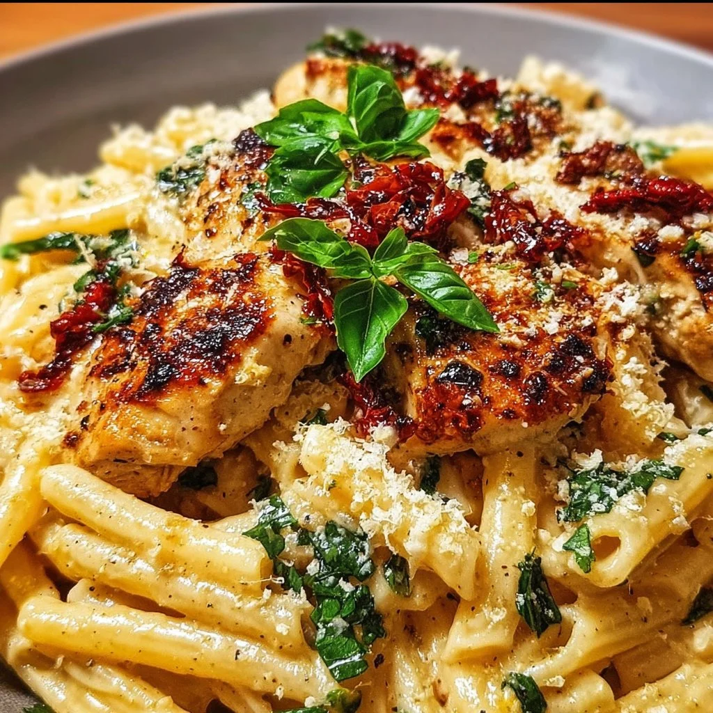 Creamy Parmesan Marry Me Chicken Pasta served on a plate with garnishes.