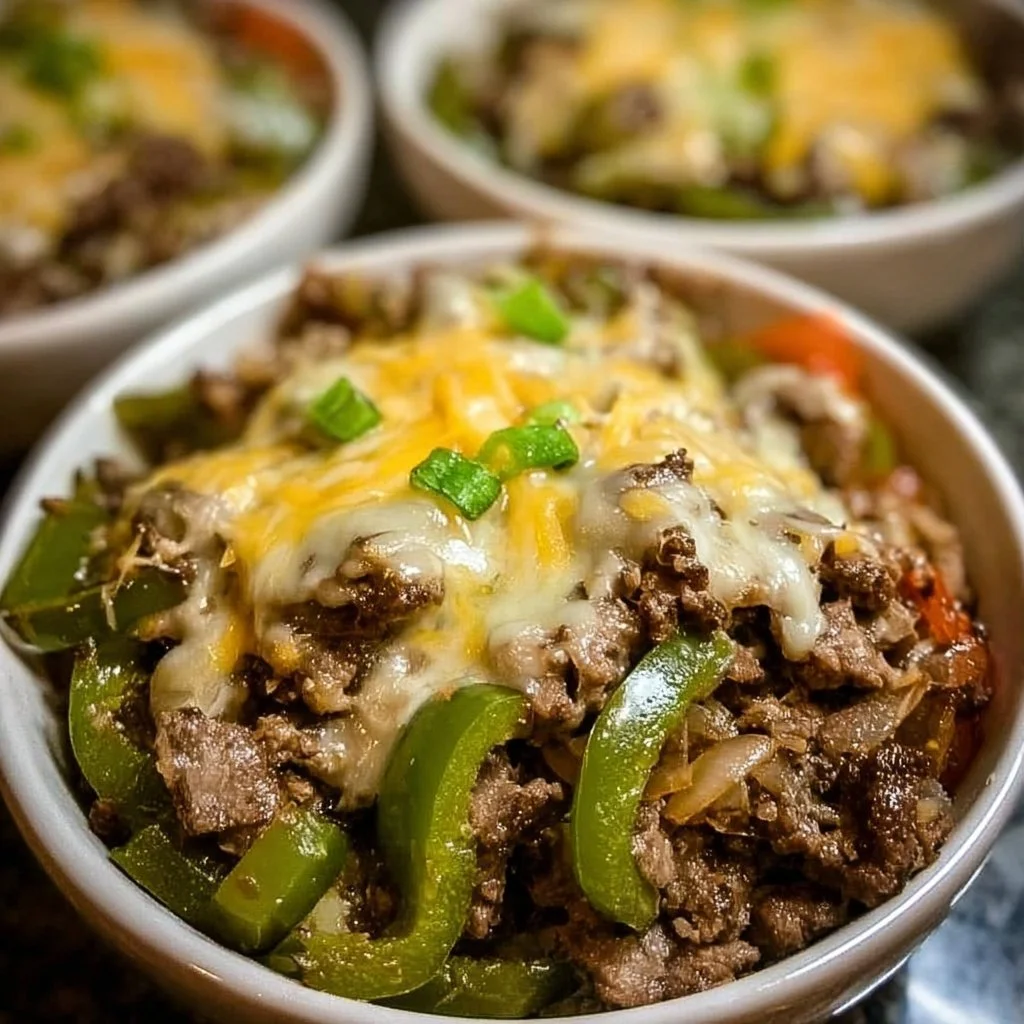 Philly Cheesesteak Bowls 3 A flavorful Philly Cheesesteak Bowl with tender meat and fresh toppings