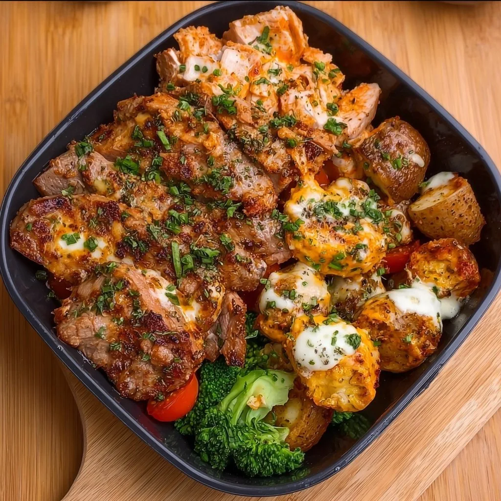 Healthy protein meal prep with colorful meal containers and ingredients.